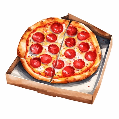 watercolor pepperoni pizza with melted cheese and tomato sauce in a pizza box clipart white background