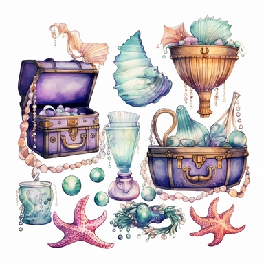 watercolor clipart mermaid clipart , jewels, treasure chest, pearls , shells with pearls, cute fish, seaweed , cartoon detailed