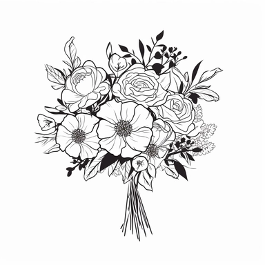 vector illustration, hand drawn, elegant floral bouquet with blossomed roses, silhouette, outline svg, clipart, roses wedding bouquet, all white background