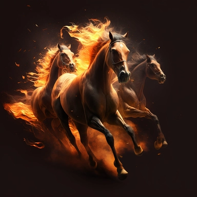 As the horses charge towards the enemy, their hooves pound the ground, creating a fiery intensity that echoes through the air, clipart, 8k, 3D.
