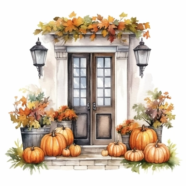 vector watercolor cute Fall Autumn vintage Autumn porch clipart on white background, fall, vintage holiday autumn porch, photorealistic, ultrarealistic, no background, on white