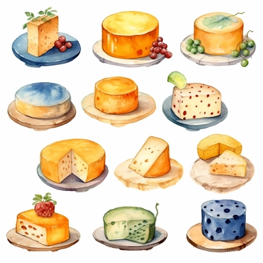 Watercolor cheese platter, illustrations clipart set, simple, soft colors, cartoon elements, different variants, cheese from around the world, , separate elements with a margin