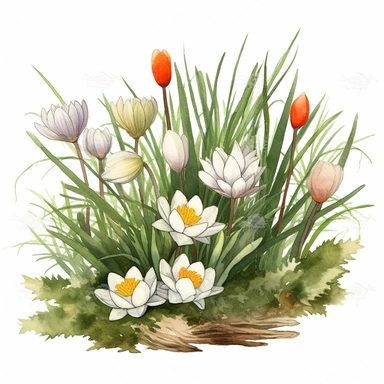 clump of grass in a meadow of Spring wildflowers including bloodroot watercolor clipart