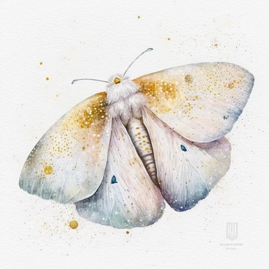A white moth, on a bed of glitter, white, gold, glitter, fantasy, realistic illustration, watercolor, by Dinara Mirtalipova, by Disney, bright and airy Colors, concept art, white background , clipart
