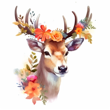 A deer with flowers in its antlers, cottagecore, vector free clipart illustration, in the style of unreal engine 5, watercolor texture, 32k uhd, detailed features, white background