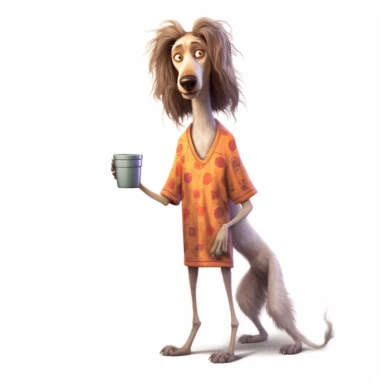 a very skinny dog with frizzed out hair, holding a mug of coffee, tired, pajamas, perfect placement of tail, pixar style, full body image, clipart, white background