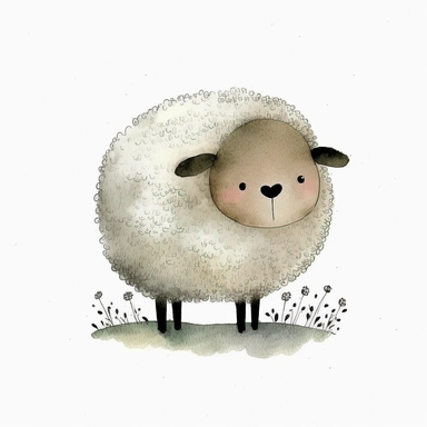 Watercolor cute sheep clipart, happy, gentle smile, beautiful watercolor ink wash coloring, thick pencil lines, Jon klassen, Adrian tomine, popular on etsy, watercolor illustrations clipart, watercolor illlustrations for kids and children, book illustrations, plain white background