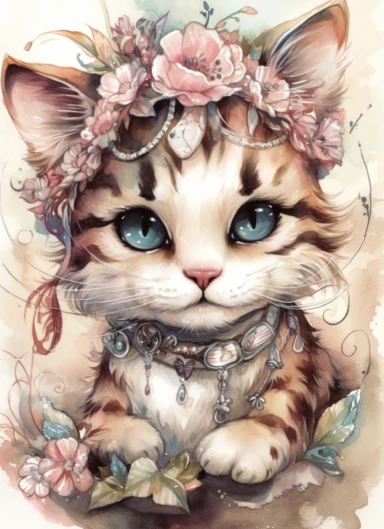 clipart,a cute little tiger in a field with bonnet on its head wearing necklace ,in the style of jody bergsma, 32k uhd, hand-painted details, charming character illustrations, dark brown and light beige,pink,pale blue, aquarellist, hd , white background clipart