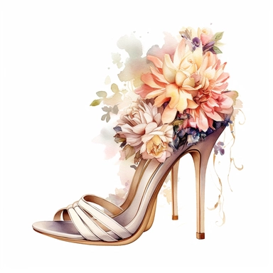 a pair of decorative wedding high heel,watercolor,clipart,floral,luxury,white background
