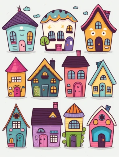 big houses and small houses, clipart style, vector, logo, cute, golden, purple, teal, pink, lite blue, picture book style, children's lesson book, captivating, kid friendly cute character, black and white, coloring book style, cartoon style, vector image, simple, line art style, character, white background