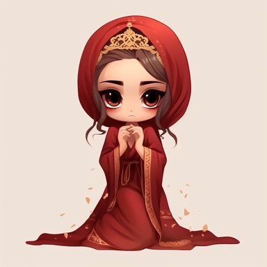 Comfy elvish chibi goddess, hijab, no hair reveal, grunge aesthetic, eid, wallpaper tall , long red dress, heels, a gold bracelet on right hand, rich color, clipart