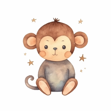 Cute monkey watercolor clipart two-dimensional neutral colors for kids simple drawn childish cute illustration,