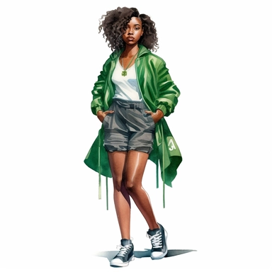 watercolor, black woman dressed up in harry potter slytherin clothing, green and black tennis shoes, style of james jean white background, clipart
