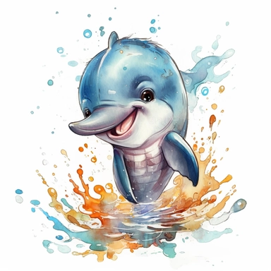 happy cute baby dolphin for kids playing with funny items, cartoon, highly detailed, watercolor, clipart, illustration, digital painting, paper crafting, no signature, no text