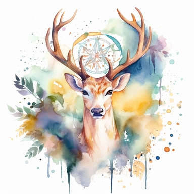 Design a mystical watercolor clipart depicting a boho-inspired spirit animal, like a graceful deer or a majestic wolf, imbued with alchemical symbols and surrounded by ethereal elements. In HD on a white background.