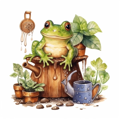 a Cute Frog taking care of house plants, plant lover clipart, vintage illustration, vintage print poster, Woods Forest Animals Frog PNG Frog Daisy Flowers Water Lilies Sublimation watercolor print, white background, watercolor paint, procreate watercolor drawing, Watercolor Sublimation design, realistic cartoon, realistic water based colors, clipart, transparent white background