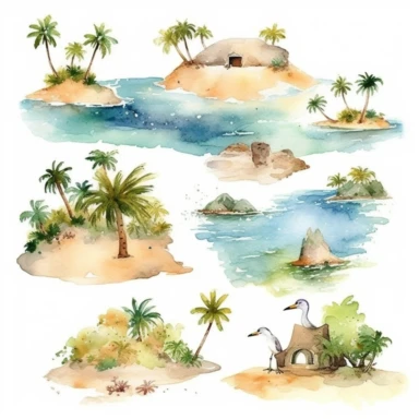 Tropical island beach clipart set isolated on white, watercolor, - - no photograph - - v 5.1