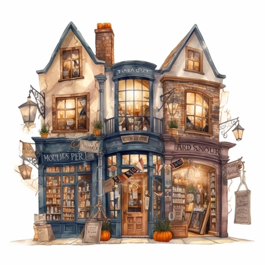 a spooky magic shop decorated for Halloween , diagon alley from Harry Potter inspired, magical, Gouache, white background with margins, Clipart style