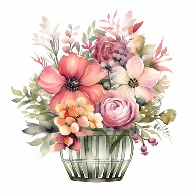 Fairytale style flower arrangement in the magical basket with watercolor effect,suitable for digital clipart,white background,fairytale scene,soft colors,fairy twinkles, soft red, soft pink Clipart ,Cartoon,hyper realistic, intricate detail, illustration style,high solution,on the white background