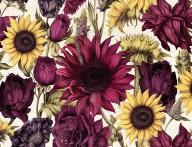 Vintage seamless pattern of Sunflowers, black calla lilies, dark purple carnations, and burgundy scabiosa flower mix pencil sketch, ephemera paper design with ornate illustrations, vintage, distressed textures, muted colors, craft paper texture, handwriting lines in background, pen and ink on paper with watercolor washes Watercolor, vector, white background, rice paper texture, clipart, Seamless patterns, repeating patterns design, flat illustration, outlined , Vector, 4K, Art station, digital p