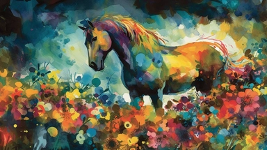 A vibrant watercolor of a single horse rendered as a digital clipart, drawing inspiration from the bold, expressive blooms found in Emil Nolde's garden paintings, featuring a vivid color palette that captures the flowers' natural radiance, illuminated by bright, contrasting light that emphasizes the rich, saturated hues and dynamic brushwork, and composed using an organic, free-flowing layout that conveys a sense of movement and growth.