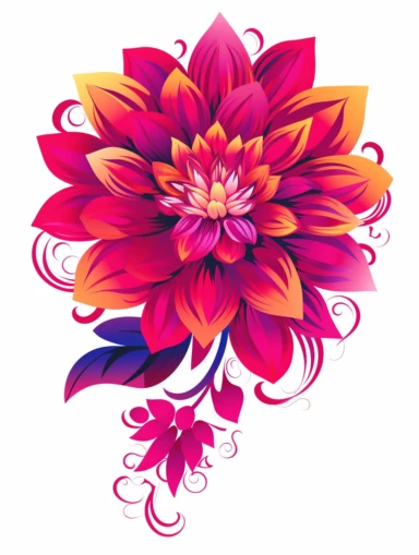 clipart, decorative flower, one per page, flat color clipart, bright hot pink primary colors, isolated on white background,