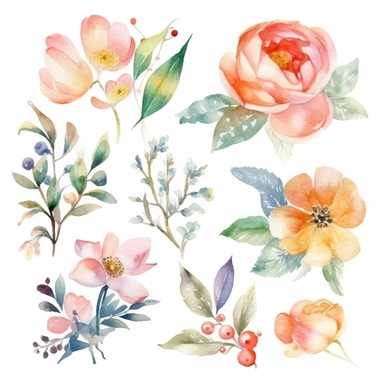 6 watercolor fancy spring clipart, isolated on white background,space out--ar3:2--s1000