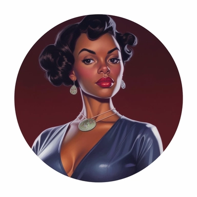 Arthur Sarnoff's character portrait circular tondo depicting a dark-skinned female uniformed knight, Mike Allred Josh Kirby, clipart illustration, circular solid background circular border