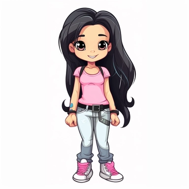 girl doll style smiling, thin black contour lines, arms crossed, pink jeans, sneakers, long black hair with light highlights tousled, cartoon clipart, cute eyes, illustration for kids, disney