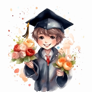 cute graduation boy with graduation flower bouquet illustration clipart, detailed, outline, white background, hd, watercolor, digital art