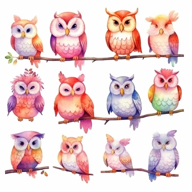 Watercolor happy owls, clipart, isolated on white background