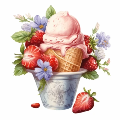 Victorian style vibrant colored beautiful icecream full of fresh strawberries with watercolor effect, strawberry flowers,white background,suitable for digital clipart