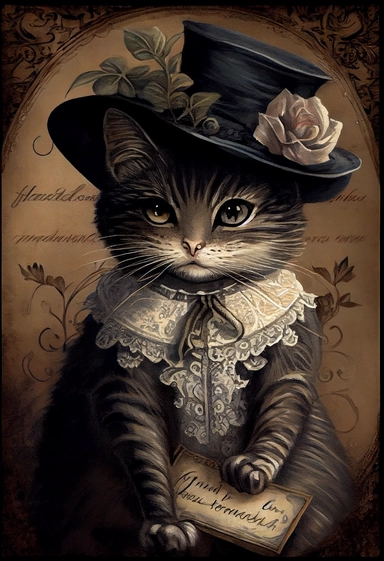 an adorable victorian cat by [Rebecca Latham + Sarah Stribbling + sumi-e + nicoletta ceccoli], Easter theme, epic scene, dark dark academia watercolor vintage CLIPART, illustration, hyper realistic, intricate detail clipart, watercolor, painterly, Jean-Baptiste Monge, drawing on top of old grunge beautiful scrapbooking background paper, old paper texture, decoupage printable digital background, distressed borders, vintage borders, grunge borders, shabby borders