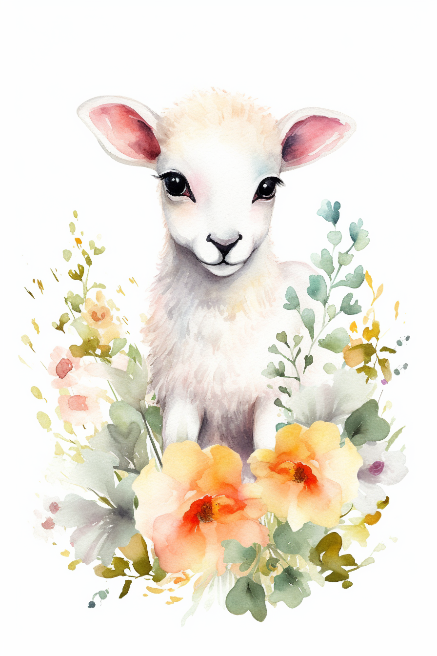 Watercolor Clipart, cute Baby lamb in grass and flowers, isolated white ...