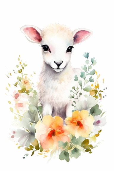 Watercolor Clipart, cute Baby lamb in grass and flowers, isolated white background