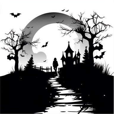 Black and white silhouette of a simple terrifying cartoon halloween scene, clipart style, white background, thick lines, vector, simple design, flat colour, solid colour, halloweencore,