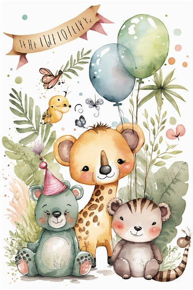 cute illustration, cartoon, vector, clipart set, happy birthday forest, lovely baby jungle animals, sweet, aquarelle, pastel painting, fresh colors, classic Disney style, isolated, white background