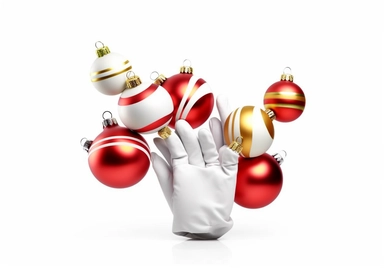 3d white mannequin hands holding Christmas ornaments, red and gold balls, stars and candy cane. Seasonal festive clip art, isolated on white background. Abstract holiday concept.