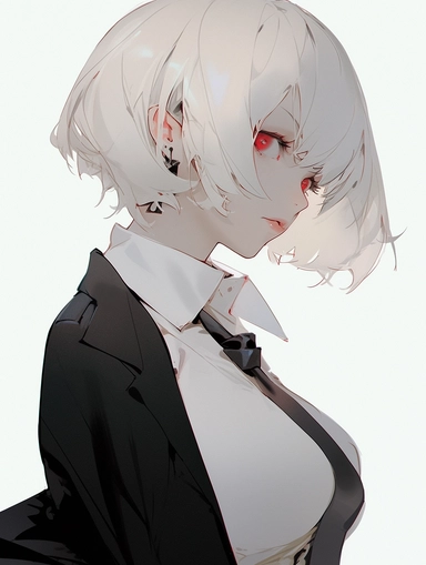 best quality, cold attitude, red eyes, short hair, white hair, white shirt, black jacket, bowtie, hair ornament hair clip, she looks very relaxed, side face, white atmosphere, high quality, masterpiece, flat color, 1girl, not looking at viewer,,--ar 1:2
