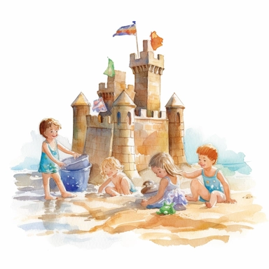 Highly Detailed image of watercolor style clip art style staged kids building sand castles with beach toys additional accessories on a white background