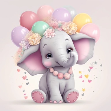 a detailed very colorful vector Clipart image sticker of a beautiful majestic magical floral smilling baby elephant and pastel pink balloons colors holding balloons with a white background, pastel light colors, fall colours, gold ropes, photorealistic, cinematic, Cinematic, Color Grading, Editorial Photography, Photography, Photoshoot, Shot on 70mm, Ultra-Wide Angle, Depth of Field, DOF, Tilt Blur, Shutter Speed 1/1000, F/22, Gamma, White Balance, Neon, Light, Dark, Light Mode, Dark Mode, High C