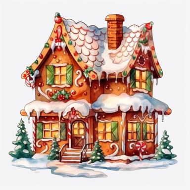 one christmas gingerbread house clip art on a white background, vector, in the style of realistic watercolor paintings, fantasy illustration, dark amber and white, uhd image, nature-inspired art nouveau, rtx on, papua new guinea art , no watermark, text, 300 DPI , typography, shapes do not stick together, no text in the picture, on a white background