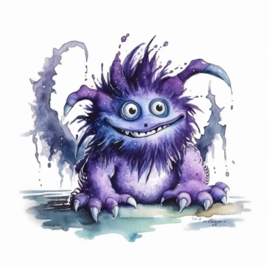 Watercolour cute monster creature clipart, rodney matthews style, no splash, black inky blue purple violet, single sheet, 4k