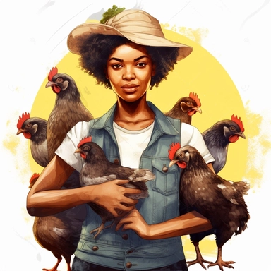 illustration clipart of african american woman farming with chickens around, hyperrealistic, white background