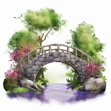 Create One clipart inspired by Enchanted Bridge: Design a clipart featuring a charming stone bridge arching over a small creek in the heart of the forest. Paint the bridge with earthy in various shades of green, purple, blue, red and adorn it with delicate vines and flowers. Surround the area with tall, ancient trees, creating a lush and magical canopy overhead, Cozzy watercolor style. in 4K. mostly in green color so it can be used in fantasy books. beautifull coloring 24mm lens, F/1.4, AR 9:16,