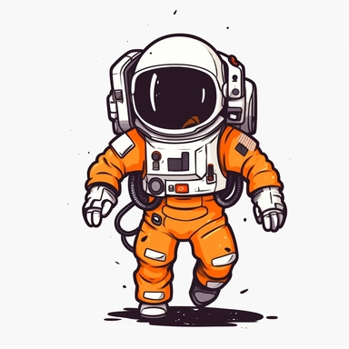 stylized black and white vector graphics, cartoon style doodle of an astronaut isolated on a white background, created by Brian Kesinger, full-size dynamic action pose, monochromatic, flat and minimalist, orange accents, coloring book page, clipart