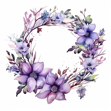 beautiful watercolor floral wreath with decorative elements, purple, flowers, leaves, clipart, isolated on white background, bojo, vintage, lithograph, 32k uhd, texture