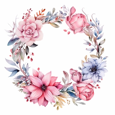 beautiful watercolor floral wreath with decorative elements, flowers, leaves, clipart, isolated on white background, bojo, vintage, lithograph, 32k uhd, texture