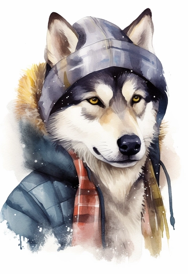watercolour of a Alaskan Malamute wearing A gray hooded sweatshirt with a black leather bomber jacket, Add a plaid scarf and a black beanie hat for a cozy winter look, clipart, colourful, pastel color, watercolour, single sheet