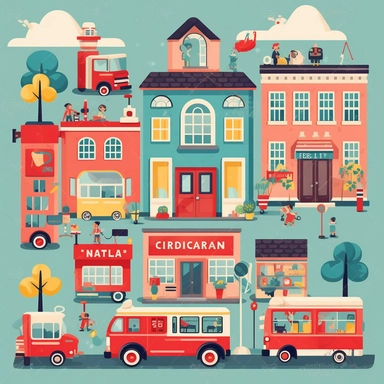 City, police station, hospital, fire department, ambulance, cars flat vector clipart, nursery decor, small child, cute, children room deco